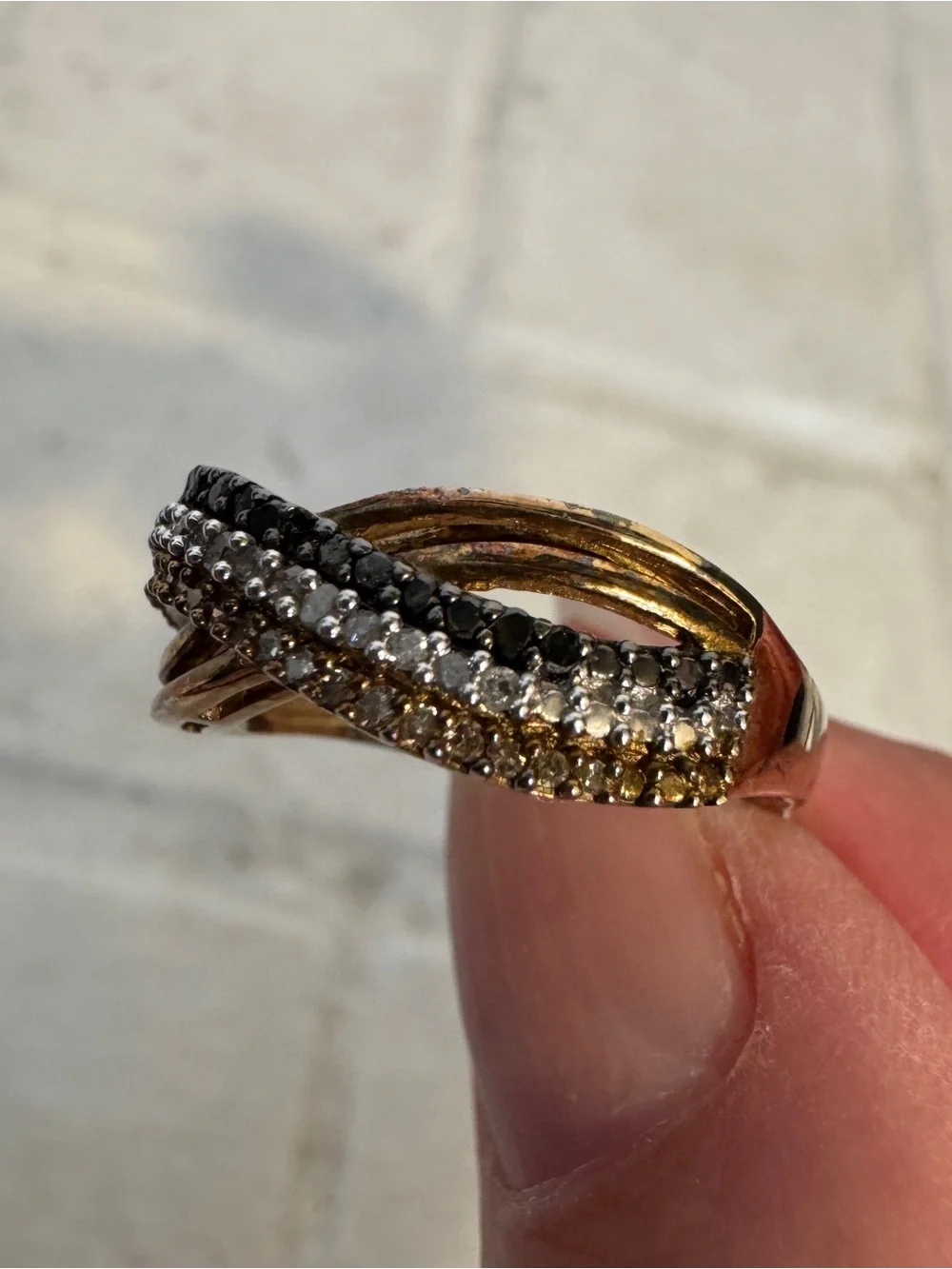 14K Gold Over Sterling Silver 1/3 CTW Brown Black White Diamond Crossover Ring
